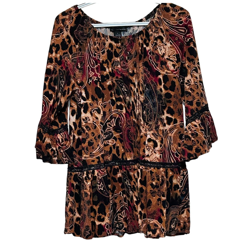 Grace Elements Women's Brown Paisley Animal Print Bell Sleeve Blouse Size L